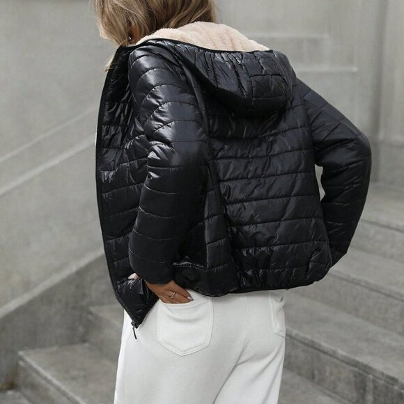 Black Casual Women's Quilted Thick Warm Slim Fit Down Jacket - Picture 3 of 6